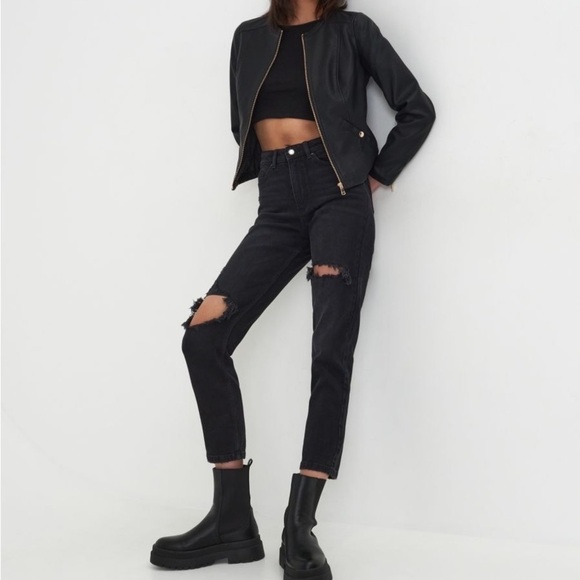 NWT Sinsay Outerwear Vegan Leather Black Moto Jacket Size XS - Picture 3 of 14